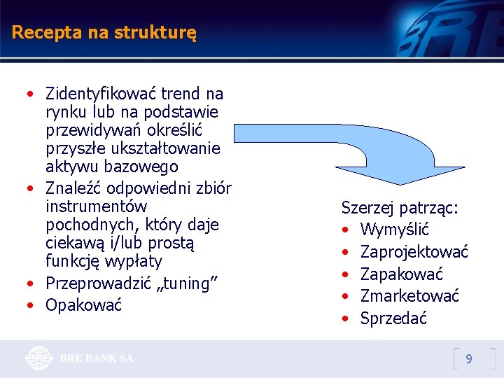 Recepta na strukturę • Zidentyfikować trend na rynku lub na podstawie przewidywań określić przyszłe