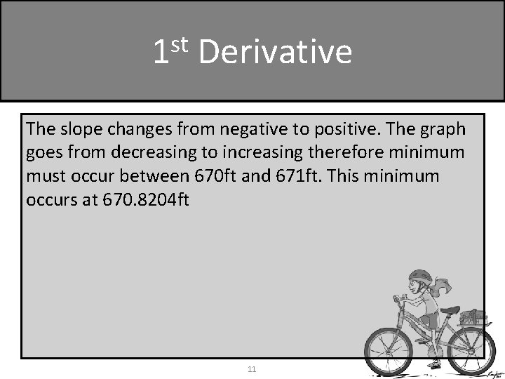 st 1 Derivative The slope changes from negative to positive. The graph goes from