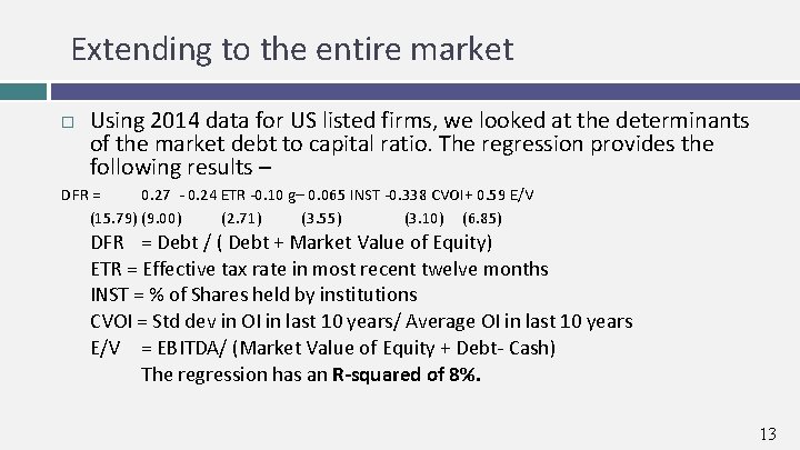 Extending to the entire market Using 2014 data for US listed firms, we looked