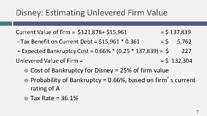 Disney: Estimating Unlevered Firm Value Current Value of firm = $121, 878+ $15, 961