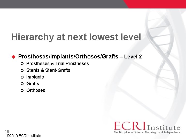 Hierarchy at next lowest level Prostheses/Implants/Orthoses/Grafts – Level 2 Prostheses & Trial Prostheses Stents