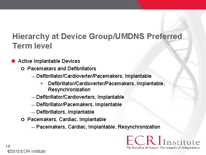 Hierarchy at Device Group/UMDNS Preferred Term level Active Implantable Devices Pacemakers and Defibrillators ―