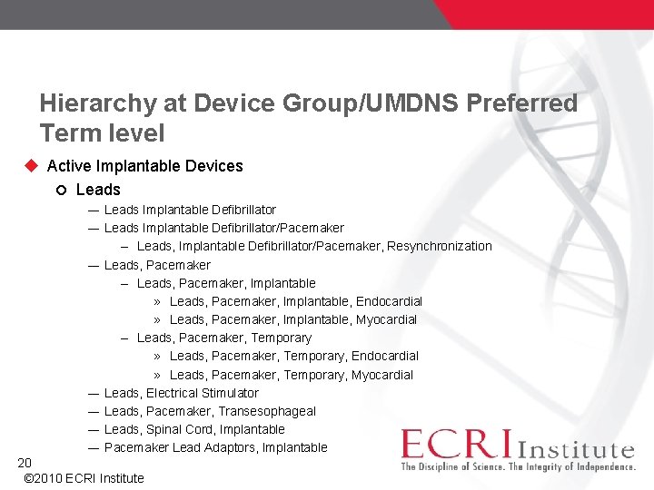 Hierarchy at Device Group/UMDNS Preferred Term level Active Implantable Devices Leads ― Leads Implantable