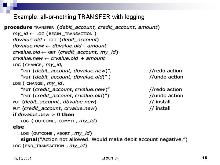 Example: all-or-nothing TRANSFER with logging 12/15/2021 Lecture 24 15 