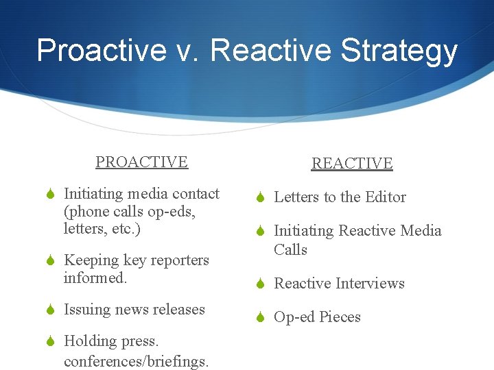 Proactive v. Reactive Strategy PROACTIVE S Initiating media contact (phone calls op-eds, letters, etc.