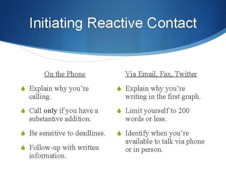 Initiating Reactive Contact On the Phone Via Email, Fax, Twitter S Explain why you’re