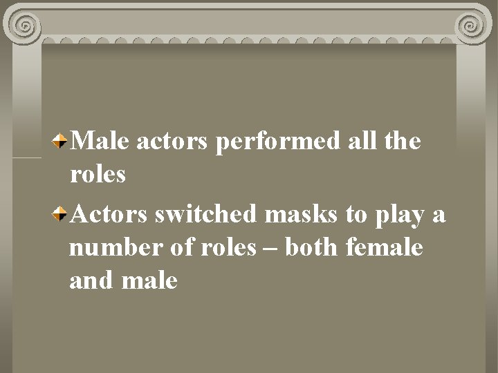 Male actors performed all the roles Actors switched masks to play a number of