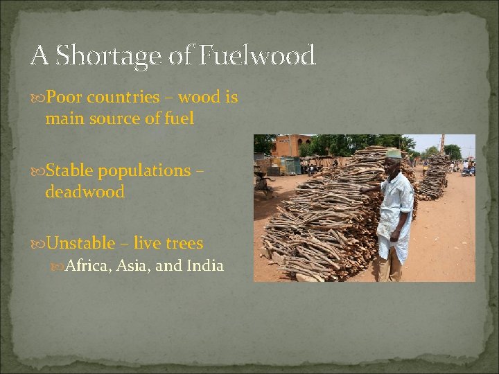 A Shortage of Fuelwood Poor countries – wood is main source of fuel Stable