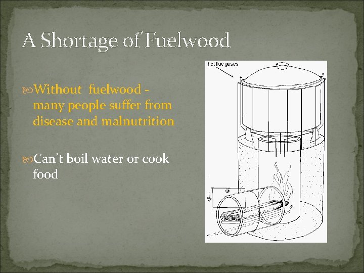 A Shortage of Fuelwood Without fuelwood - many people suffer from disease and malnutrition