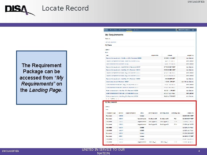 UNCLASSIFIED Locate Record The Requirement Package can be accessed from “My Requirements” on the