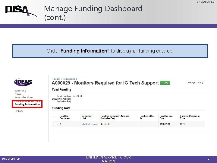 UNCLASSIFIED Manage Funding Dashboard (cont. ) Click “Funding Information” to display all funding entered.