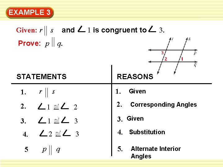 EXAMPLE 3 4 Given: r Write a paragraph proof and s Prove: p 1
