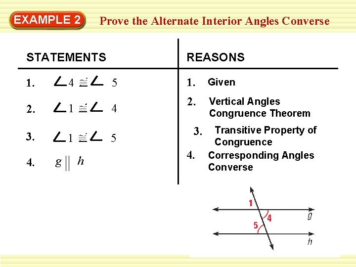 EXAMPLE 2 Prove the Alternate Interior Angles Converse REASONS STATEMENTS 1. 4∠ 1∠ 2.