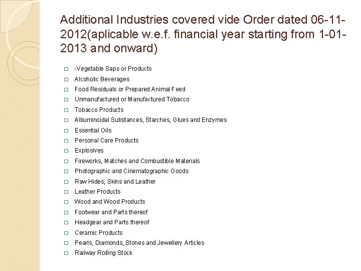 Additional Industries covered vide Order dated 06 -112012(aplicable w. e. f. financial year starting