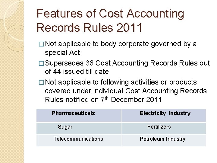 Features of Cost Accounting Records Rules 2011 � Not applicable to body corporate governed