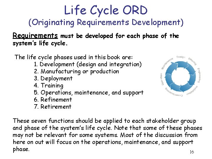 Life Cycle ORD (Originating Requirements Development) Requirements must be developed for each phase of