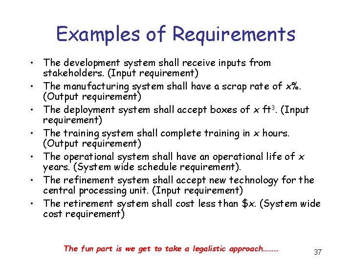 Examples of Requirements • The development system shall receive inputs from stakeholders. (Input requirement)