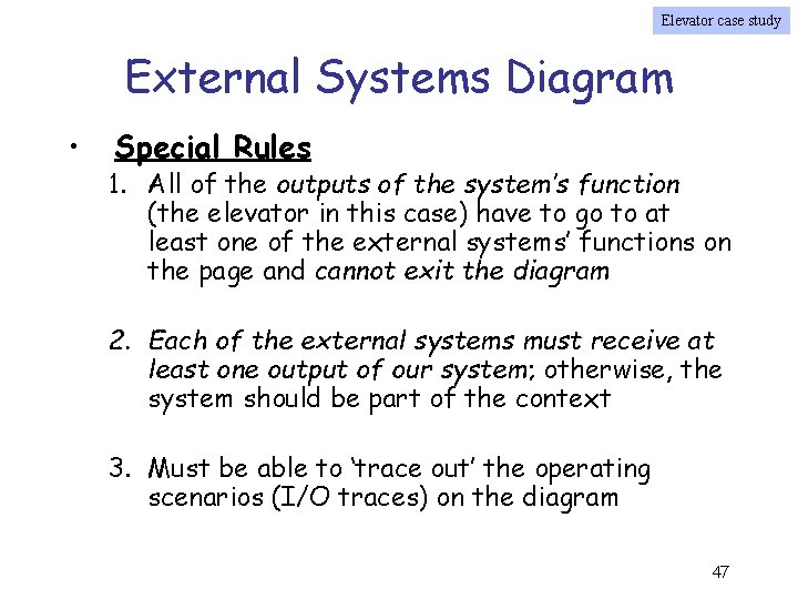 Elevator case study External Systems Diagram • Special Rules 1. All of the outputs