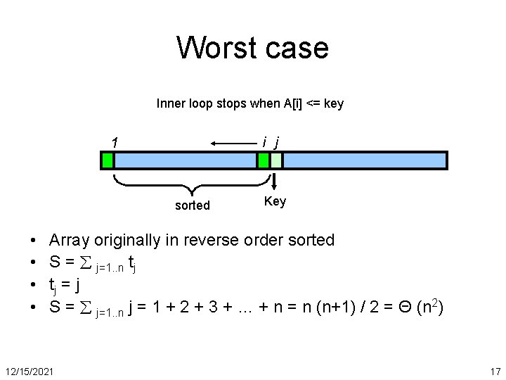 Worst case Inner loop stops when A[i] <= key i j 1 sorted •