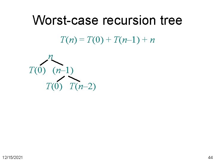 Worst-case recursion tree T(n) = T(0) + T(n– 1) + n n T(0) (n–