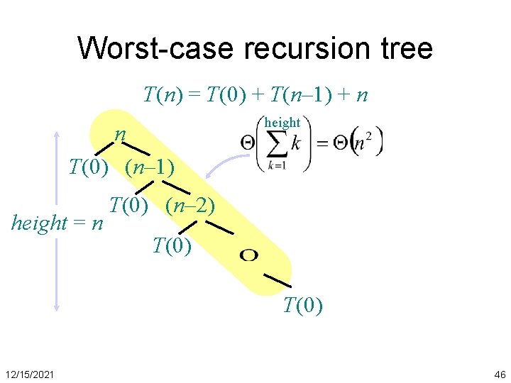 Worst-case recursion tree T(n) = T(0) + T(n– 1) + n n T(0) (n– Worst-case recursion tree T(n) = T(0) + T(n– 1) + n n T(0) (n–
