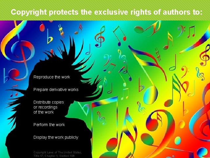 Copyright protects the exclusive rights of authors to: Reproduce the work Prepare derivative works