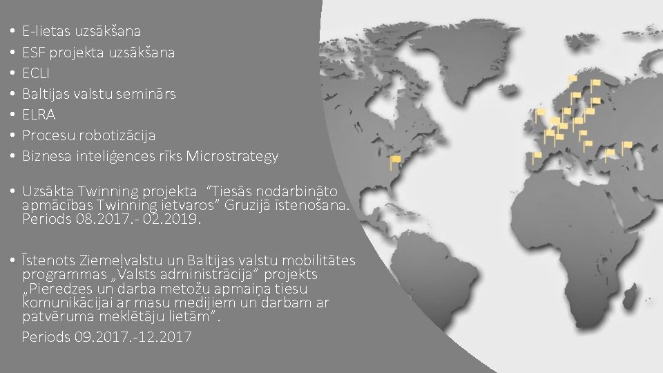  • • E-lietas uzsākšana ESF projekta uzsākšana ECLI Baltijas valstu seminārs ELRA Procesu