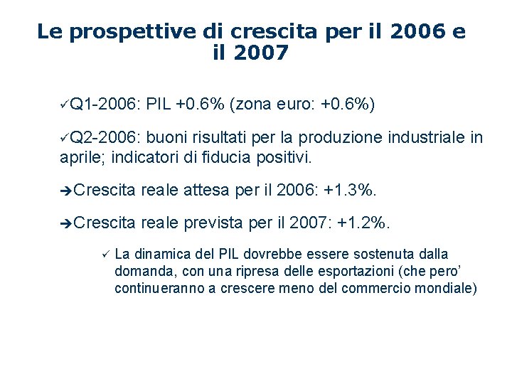 Le prospettive di crescita per il 2006 e il 2007 üQ 1 -2006: PIL
