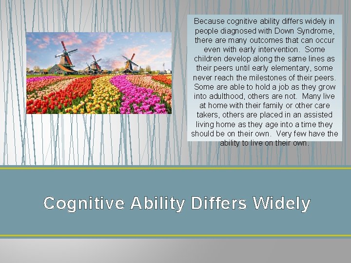 Because cognitive ability differs widely in people diagnosed with Down Syndrome, there are many