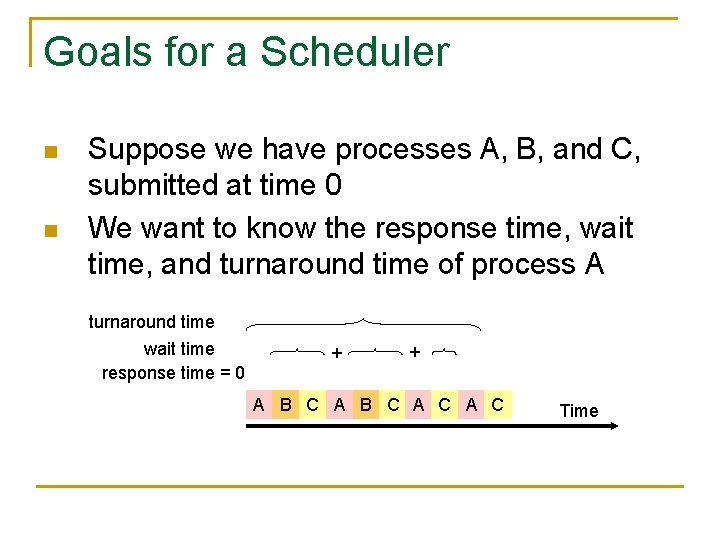 Goals for a Scheduler n n Suppose we have processes A, B, and C,