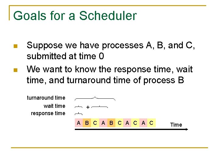 Goals for a Scheduler n n Suppose we have processes A, B, and C,