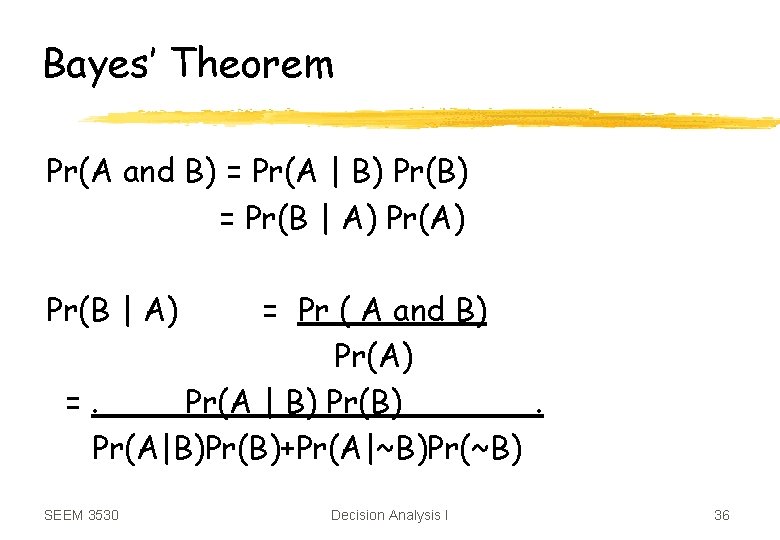 Bayes’ Theorem Pr(A and B) = Pr(A | B) Pr(B) = Pr(B | A)