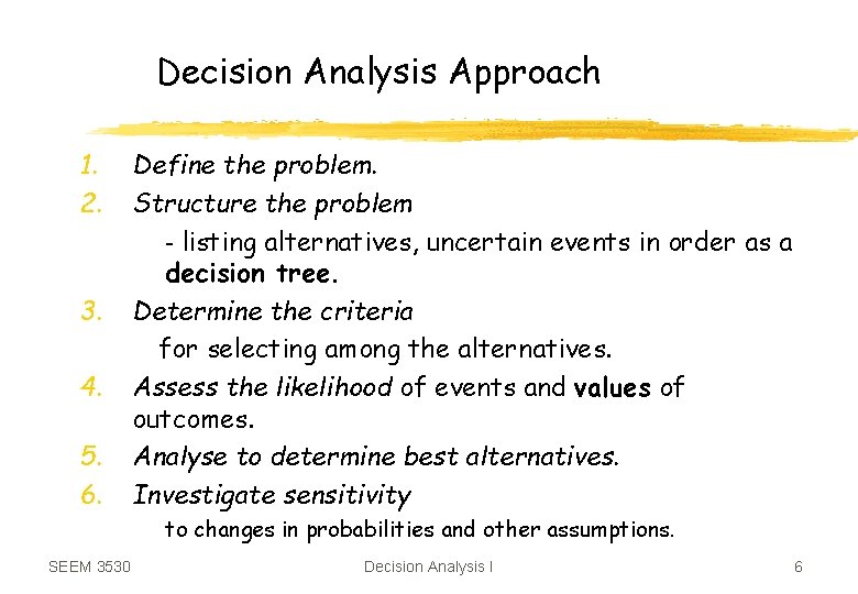 Decision Analysis Approach 1. 2. 3. 4. 5. 6. Define the problem. Structure the