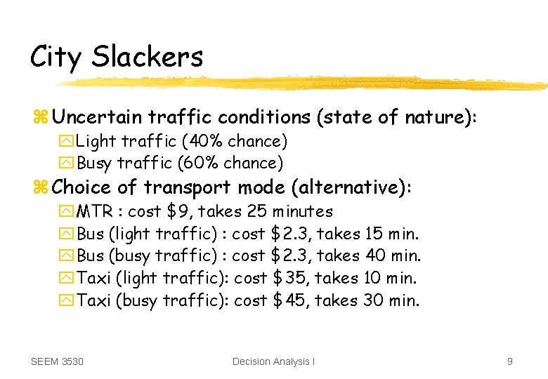 City Slackers z Uncertain traffic conditions (state of nature): y. Light traffic (40% chance)