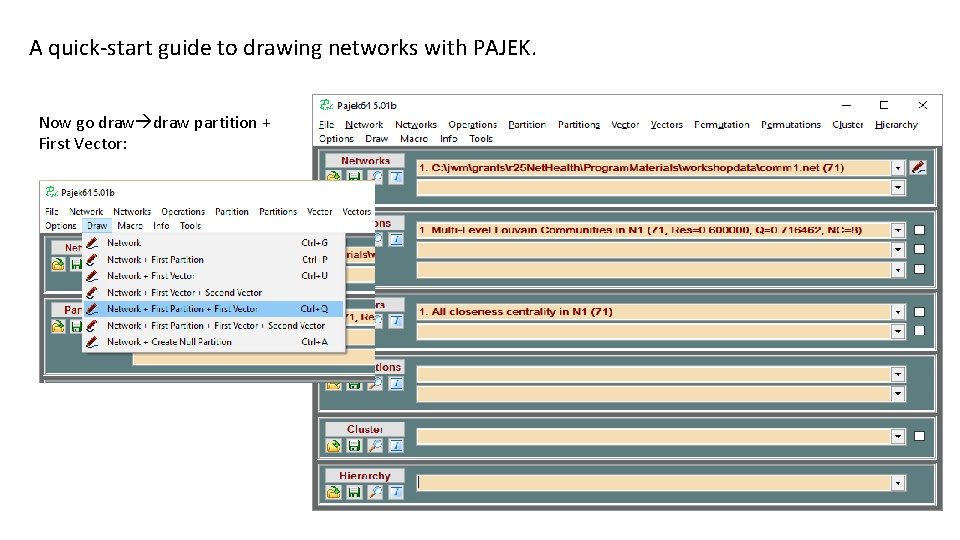 A quick-start guide to drawing networks with PAJEK. Now go draw partition + First