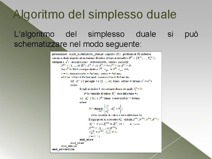 Algoritmo del simplesso duale L’algoritmo del simplesso duale schematizzare nel modo seguente: si può