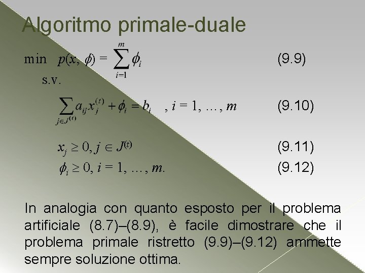 Algoritmo primale-duale min p(x, ) = s. v. (9. 9) , i = 1,