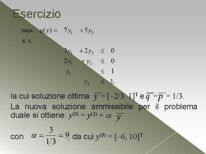 Esercizio la cui soluzione ottima = [– 2/3 1]T e = = 1/3. La