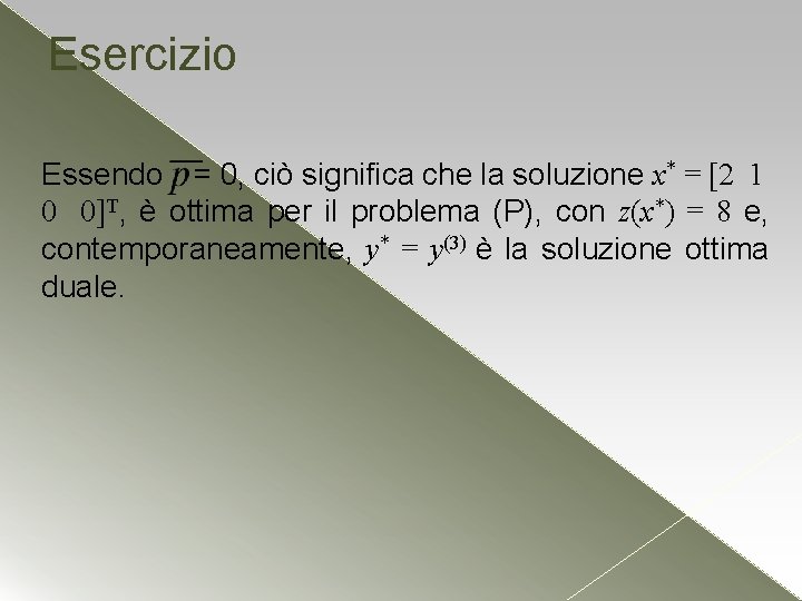 Esercizio Essendo = 0, ciò significa che la soluzione x* = [2 1 0