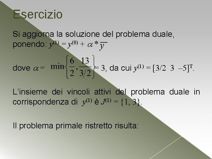 Esercizio Si aggiorna la soluzione del problema duale, ponendo: y(1) = y(0) + *