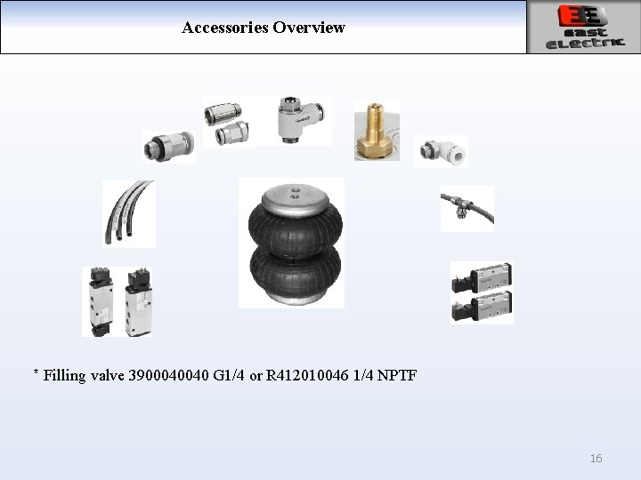 Accessories Overview * Filling valve 3900040040 G 1/4 or R 412010046 1/4 NPTF 16