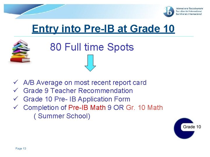 Entry into Pre-IB at Grade 10 80 Full time Spots ü ü A/B Average Entry into Pre-IB at Grade 10 80 Full time Spots ü ü A/B Average