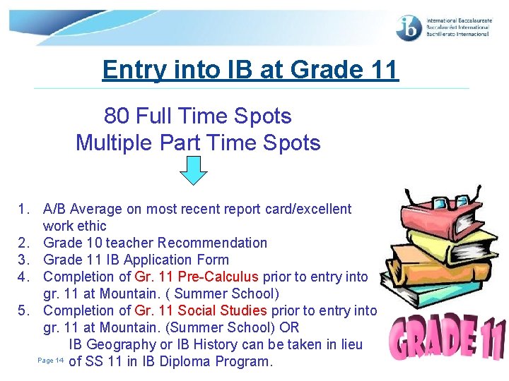 Entry into IB at Grade 11 80 Full Time Spots Multiple Part Time Spots Entry into IB at Grade 11 80 Full Time Spots Multiple Part Time Spots