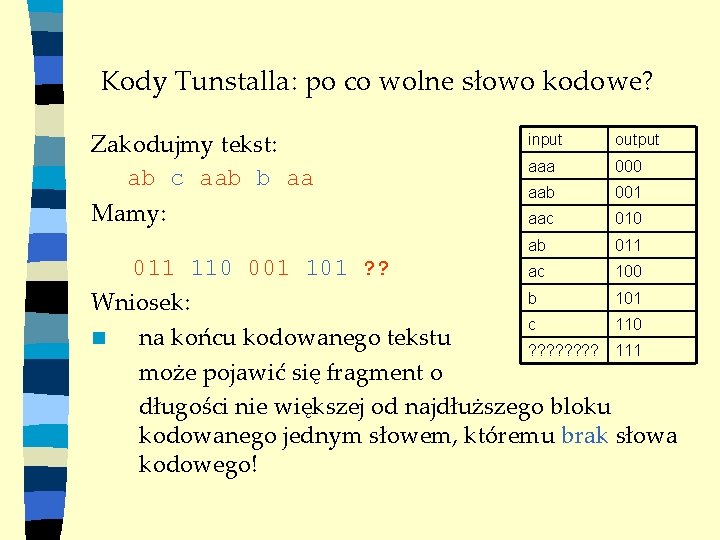 Kody Tunstalla: po co wolne słowo kodowe? Zakodujmy tekst: ab c aab b aa