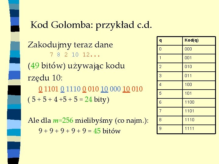 Kod Golomba: przykład c. d. Zakodujmy teraz dane 7 8 2 10 12. .