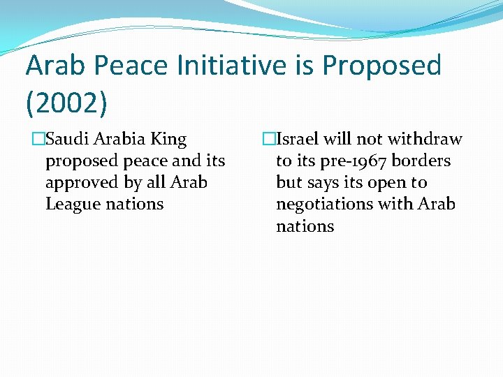 Arab Peace Initiative is Proposed (2002) �Saudi Arabia King proposed peace and its approved