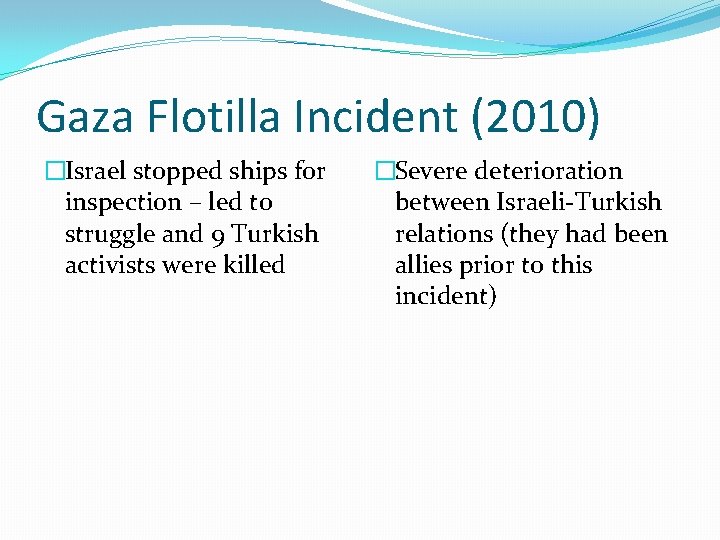 Gaza Flotilla Incident (2010) �Israel stopped ships for inspection – led to struggle and