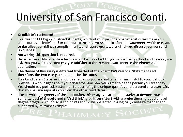 University of San Francisco Conti. • • Candidate's statement: In a class of 122