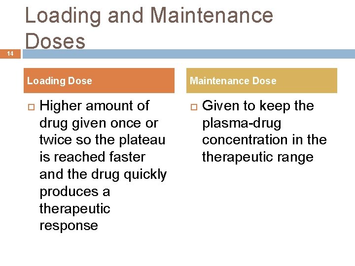 14 Loading and Maintenance Doses Loading Dose Higher amount of drug given once or