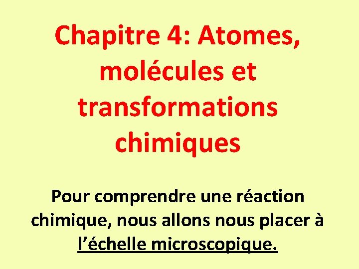 Chapitre 4: Atomes, molécules et transformations chimiques Pour comprendre une réaction chimique, nous allons